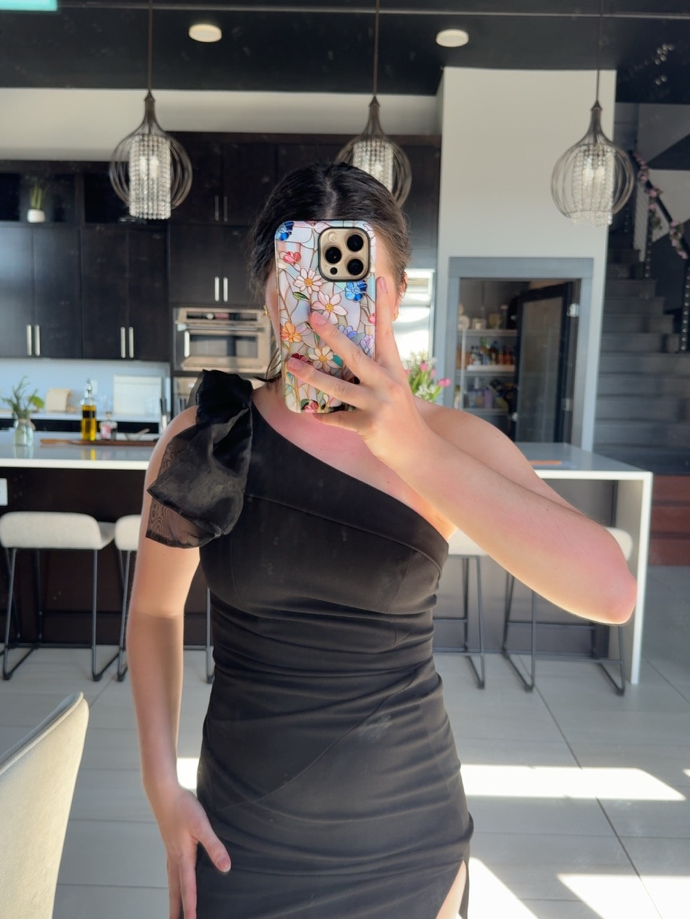 Black One-Shoulder Dress with Bow Accent